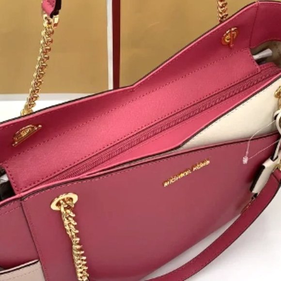 NWT Michael Kors Jet Set Leather Shoulder Bag Tote Pink Gold Chain Ivory Blush - Picture 8 of 16